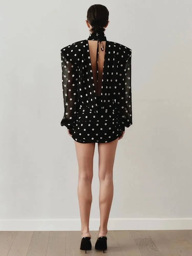 Nibber See Through Mini Dress Woman Turtleneck Mesh Full Sleeve Polka Dot Print Skinny Peach Hip Street Ruched Elegant Bodycon — image 3