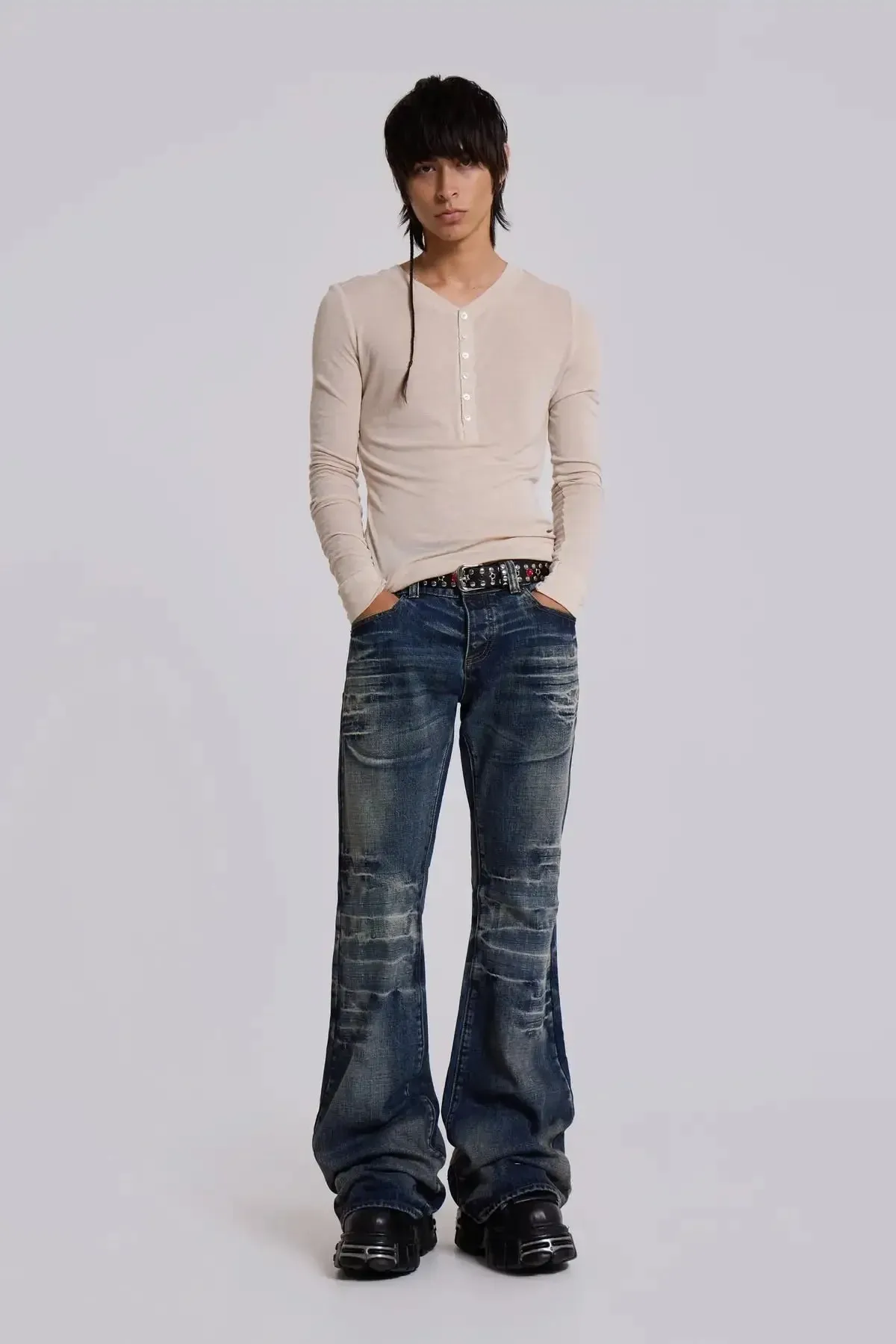 Y2K Vintage Flared Jeans Mid Blue Washed Men Women Bootcut Jeans American Hip Hop Distressed Streetwear Unisex Wide Leg Pants — image 9