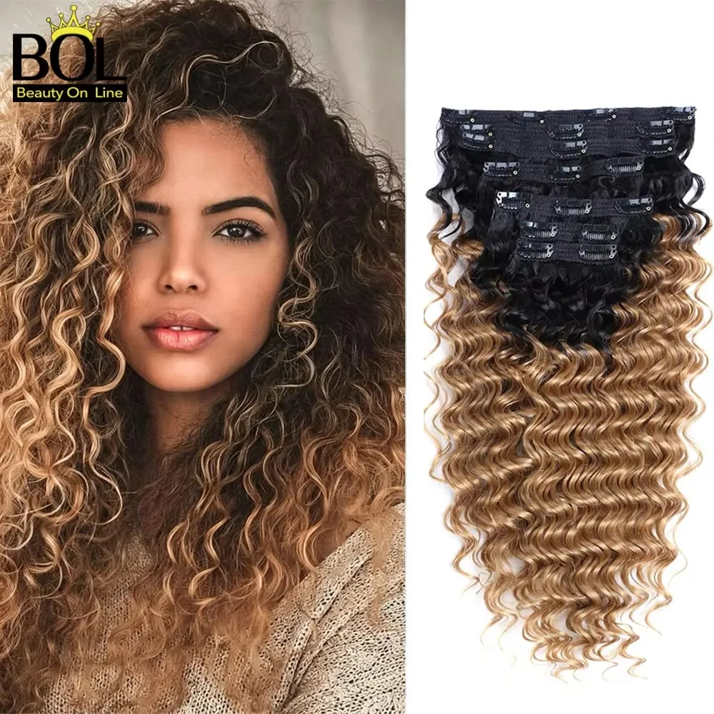 24Inch Synthetic Deep Wave Clip In Hair Extensions 7Pcs/Set 140g Fake Hair Full Head Hairpiece Curly Clip Ins Hair For Women