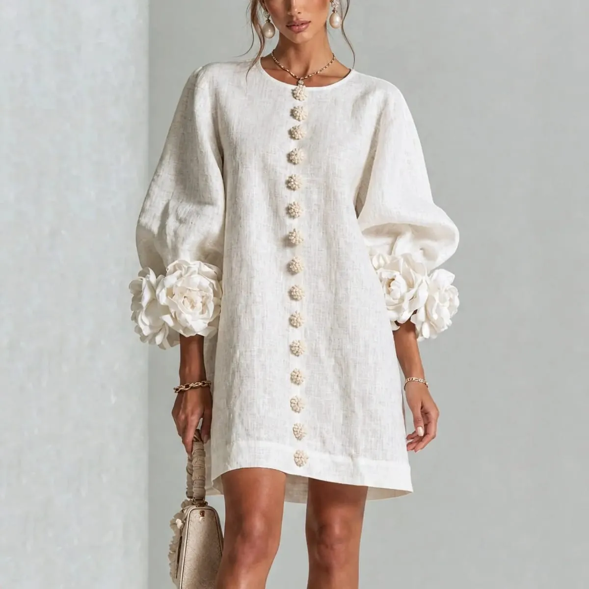 Women Spring Autumn 3D Flower Long Lantern Sleeve Cotton Linen Mini Dress Solid Crew Neck Loose Elegant Daily Wear Short Dress — image 1