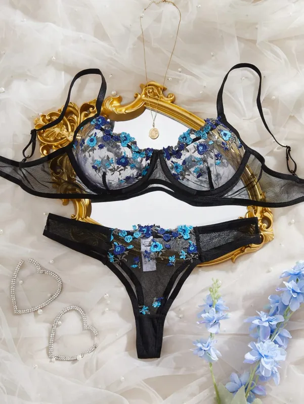 New Multiple Colors Available Embroidory Floral Babydoll Dresses Sexy Lingerie No-pad Bra And Brief Elegant Sleepwear Push Up