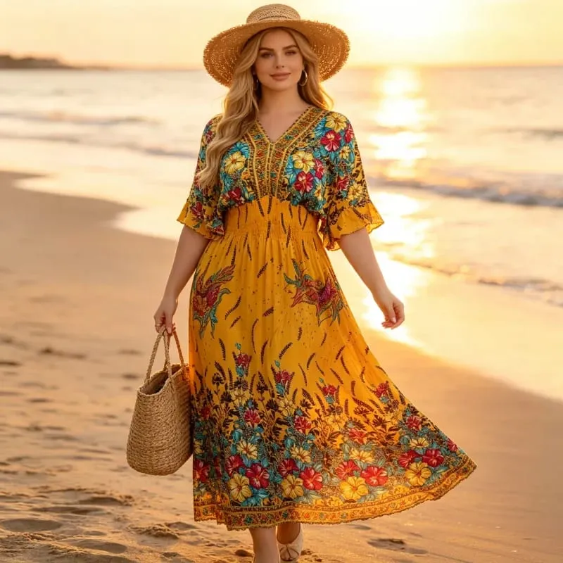 Boho Holiday Women V-Neck Batswing Short Sleeve A-Line Midi Dresses Slim Elastic Waist Casual Vintage Office Lady Elegance Dress — image 30