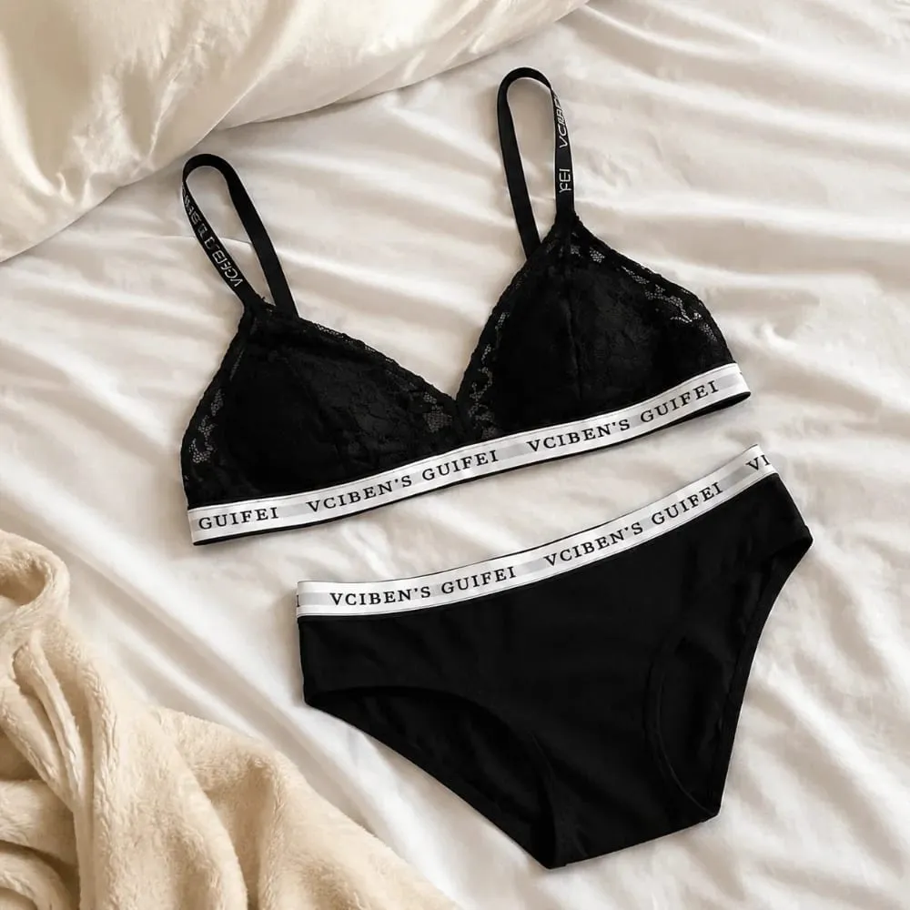 Bra Suit Letter Design Lingerie Set Deep V Wireless Women Underwear Suit Lace Color Blocking Bra Panties Set Daily — image 3