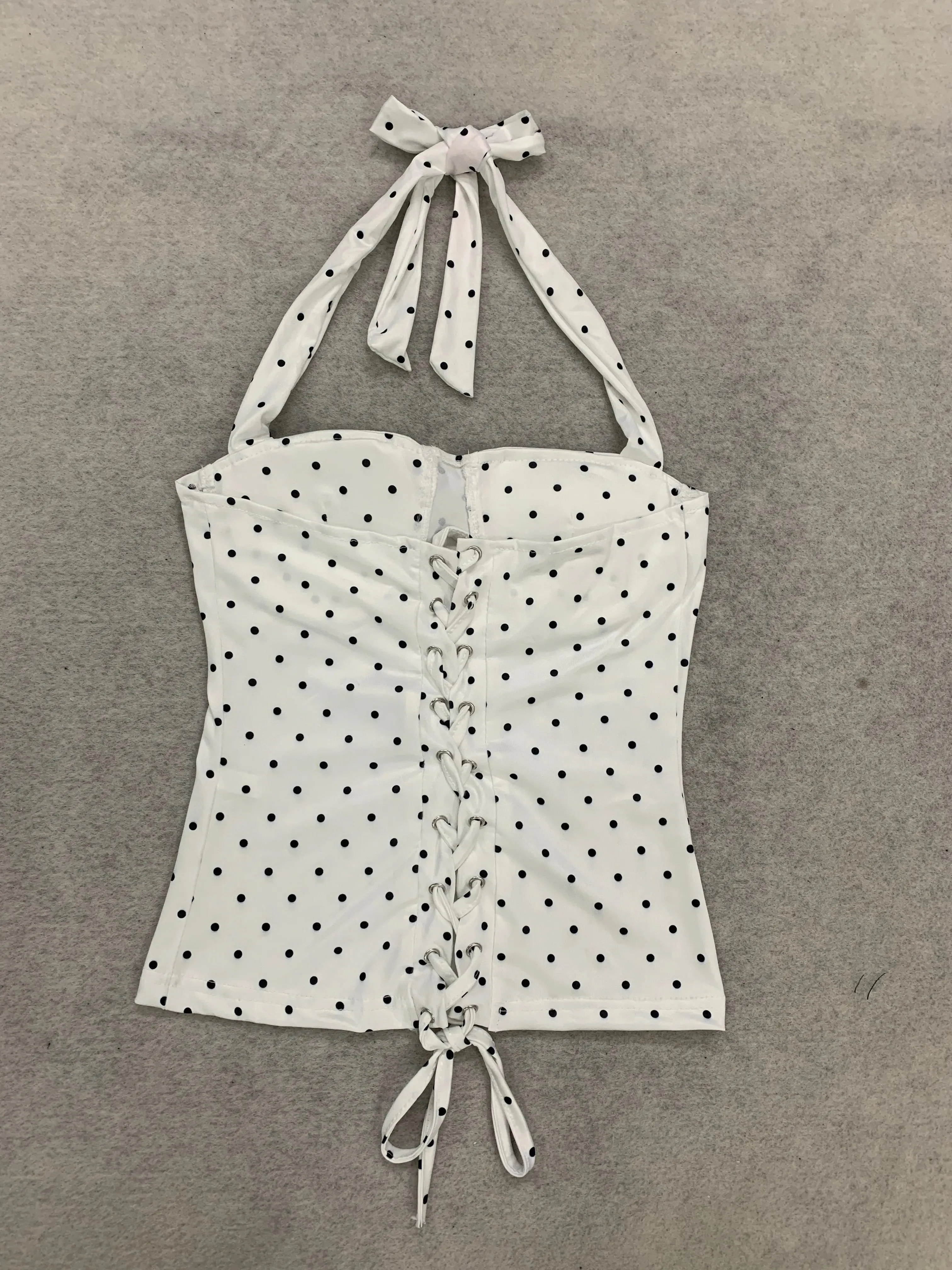 Women's Polka Dot Ruched Back Bodysuit-style Retro Tie-up Strappy Top Sweet Y2K Party Streetwear Ladies Top — image 9