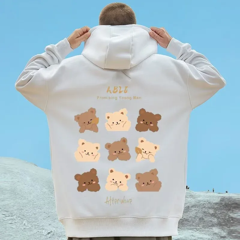 M-8XL estilo americano rua marrom bonito urso impressão oversized moletom com capuz casal estudante grande macio veludo com capuz camisola