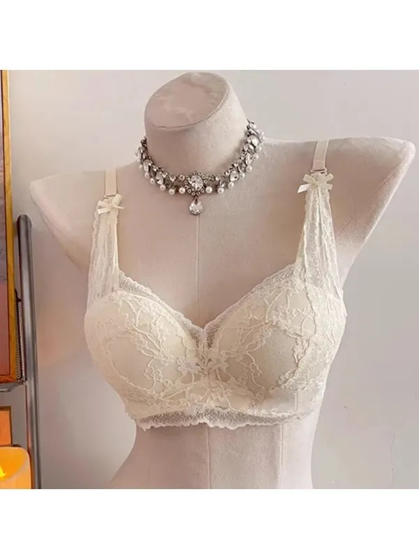 Sweet Halter Neck Bow Lace Wireless Bra Padded Push‑up Brassiere Ladies Layering Intimate Lingerie for Small Bust Size 32‑38 ABC