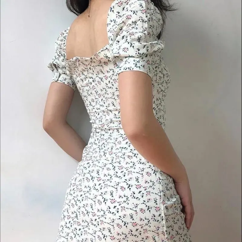 Women Summer Floral Puff Sleeve Dress Girls School Tie-Waist Slimming Short Dress Woman Casual Dress Teen Ladies Beach Vacation — image 3