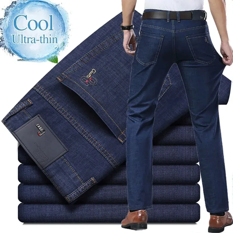 New Men's Summer Ultra-Thin Jeans Fashion Business Comfortable Soft Casual Denim Pants Lightweight Elastic Straight Leg Trousers