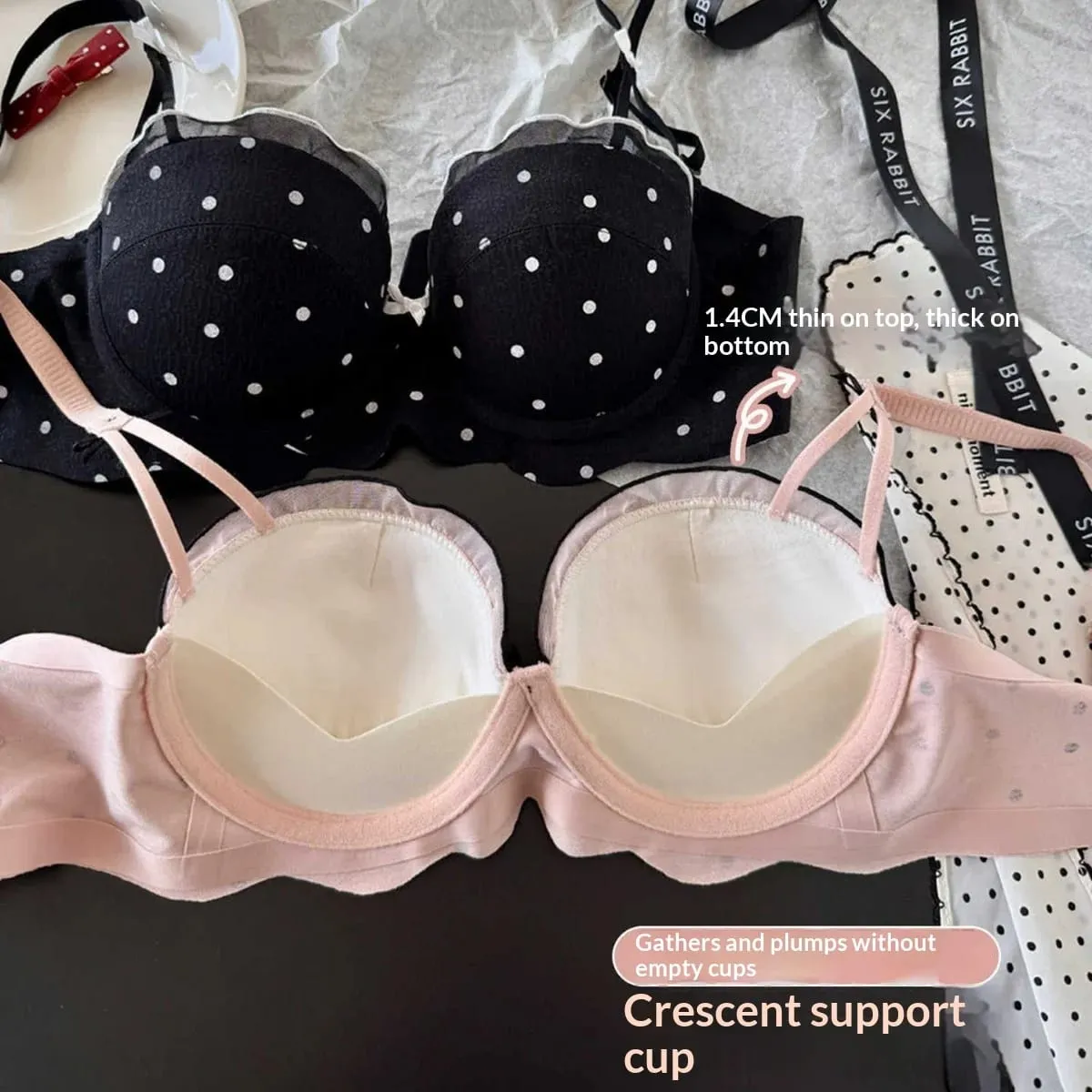 Sutiã de bolinhas de renda conjunto de duas peças pequeno busto coleta anti-flacidez lado mama coleção confortável conjunto de lingerie sem fio — image 5