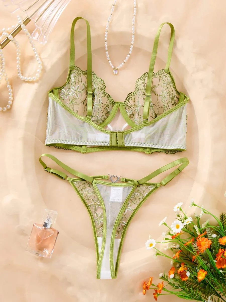 Women Green Daisy Floral Embroidery Lingerie Set Sheer Mesh Heart Metal Buckle Underwire Bra & Thong 2‑Piece Intimate Underwear — image 5