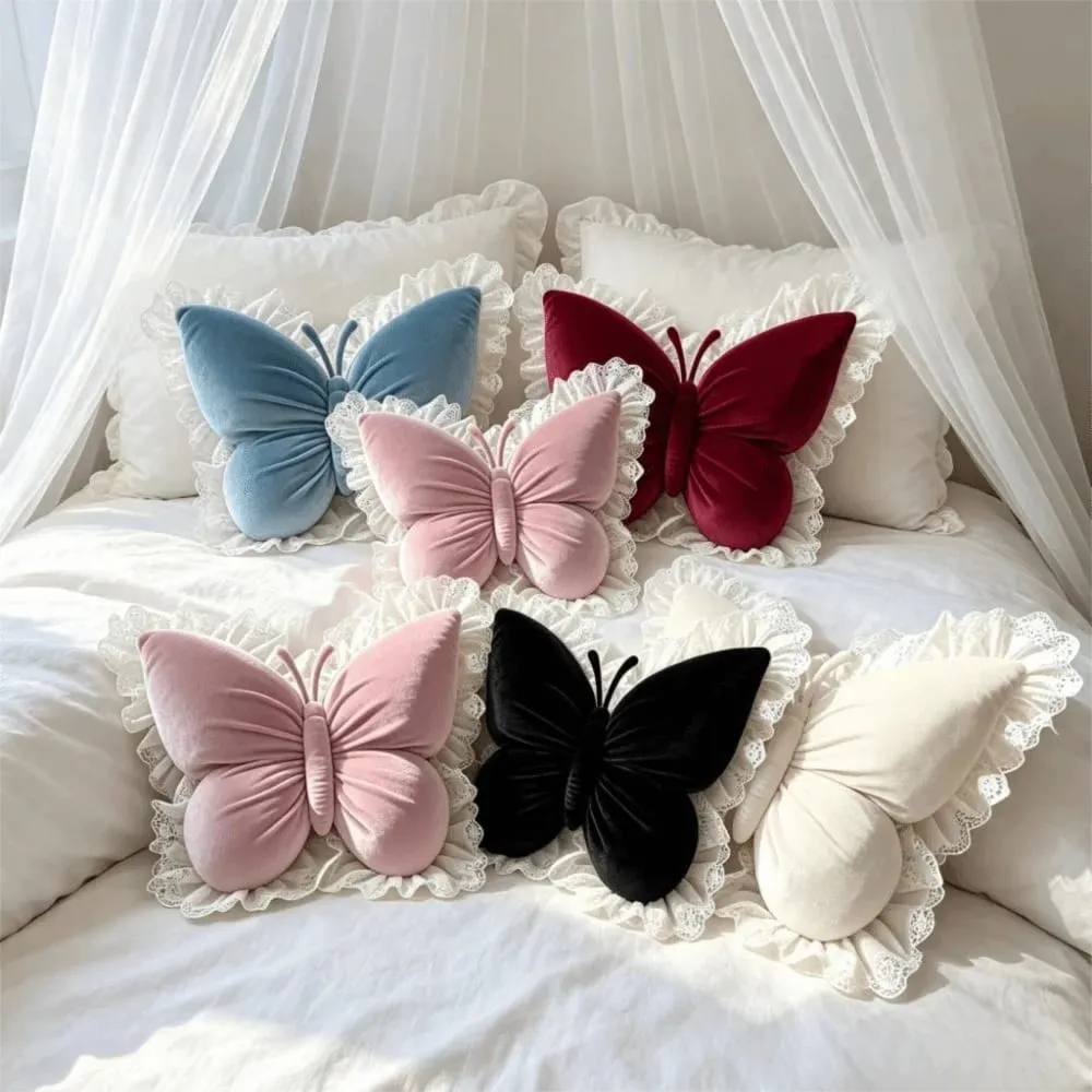 Home Decor Velvet Butterfly Plush Pillow Soft Lace Trim Bow Plush Cushion Plush Cute Bow Throw Pillow Bedroom — image 5