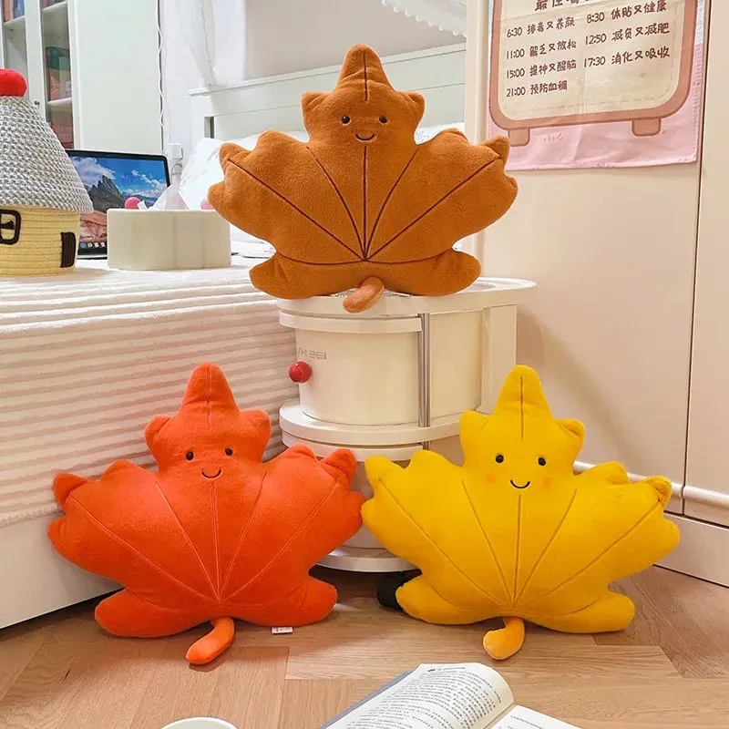 Smiling Face Maple Ginkgo Leaf Plush Pillow Stuffed Kawaii Plant Cushion Sofa Chair Decoration Gift — image 3