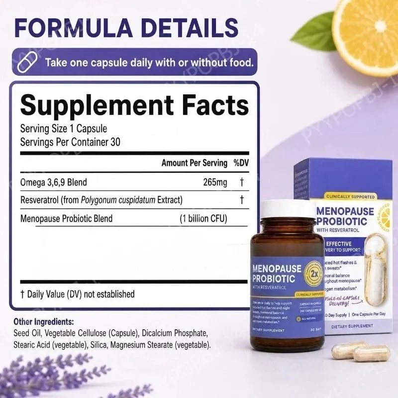 Menopausa Probiotici per le donne Equilibrio ormonale Vampate di calore Sudorazioni notturne Salute dell'intestino Resveratrolo e Omega 30 capsule — image 2