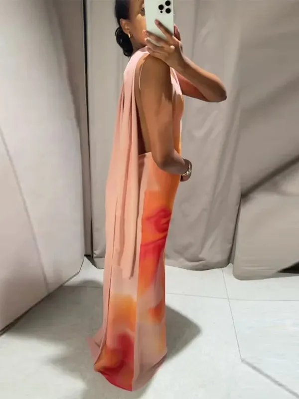 Elegant Tie-dye Gradient Print Sling Lang Kjole Med Halstørklæde Kvinder Ferie Ærmeløs Rygløs Aftenkjole Sommerferie Kåber