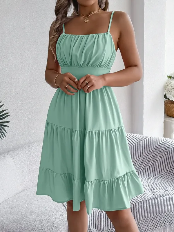 Casual Vacation Ruffled Camisole Dress Spring Summer Women's Solid Dresses For 2026 Valentine's Day Woman Clothing Pink Blue — image 11