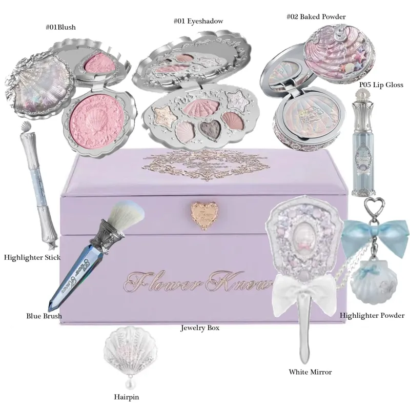Flower Know Shell Jewelry Coffret cadeau tout-en-un ensemble de maquillage complet professionnel fard à paupières Blush poudre cuite 10 pièces Kits Flowerknows