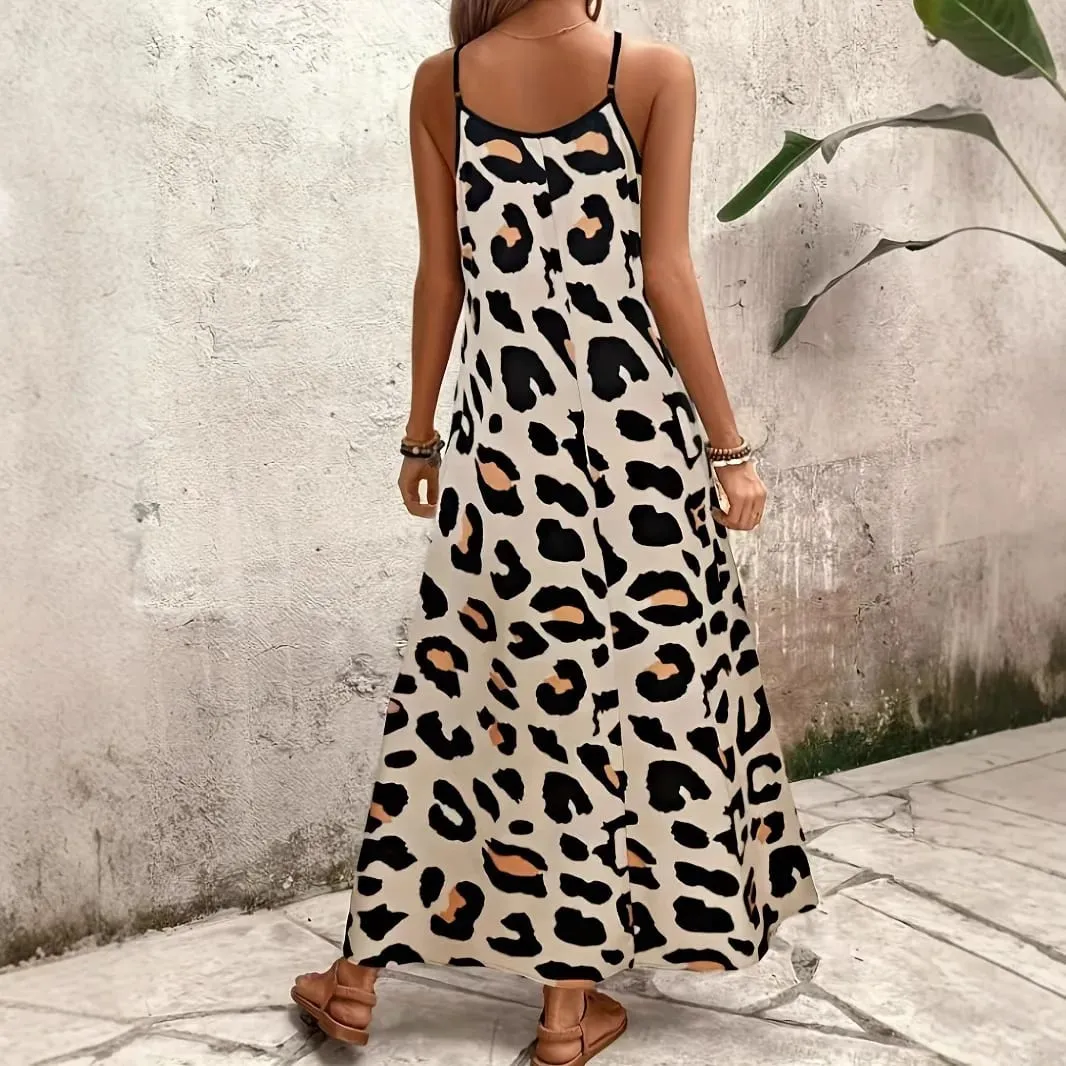 2026 New Women Leopard Print Spaghetti Strap Maxi Dress Sleeveless V Neck Casual Long Dresses Summer Beach Vacation Outfit