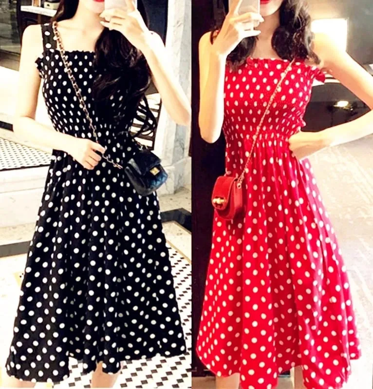 Summer Befree Beach Long Vintage Dots Casual Ruffles Elegant Party Maxi Strap Camis Silky Dress Vestidos Sexy Dresses Women — image 1