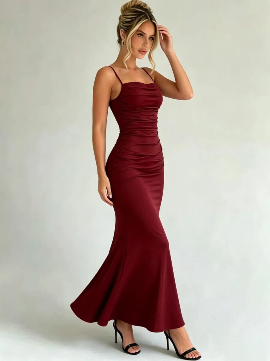Women Spaghetti Strap Ruched Mermaid Maxi Dress Square Neck Bodycon Elegant Evening Party Long Dress
