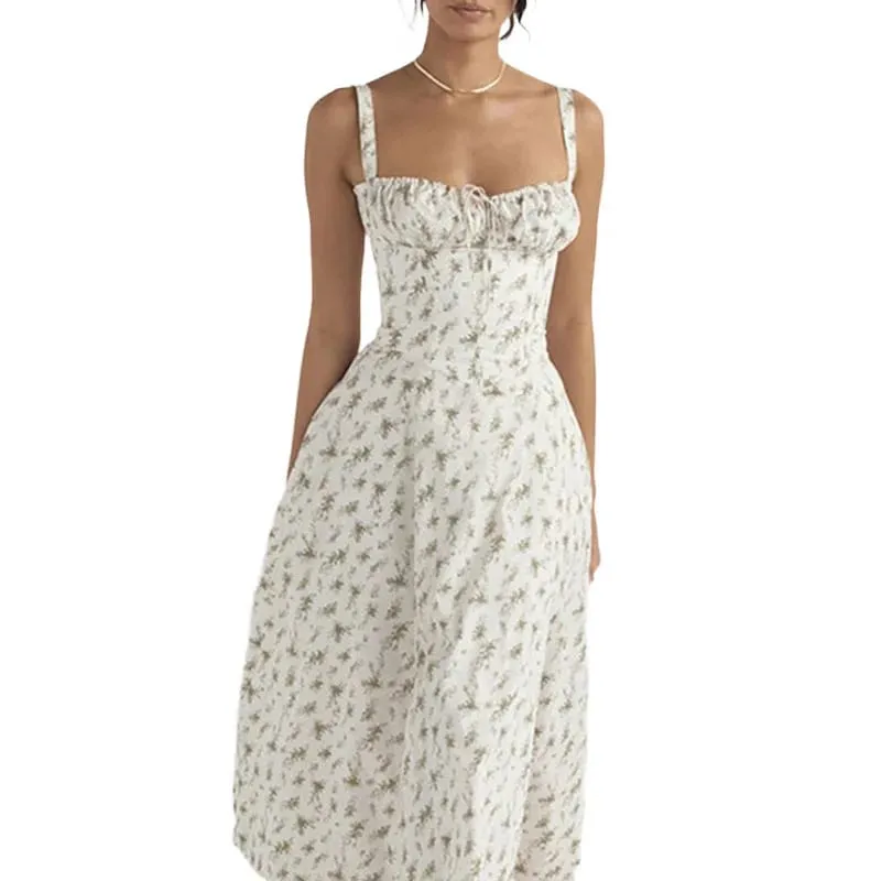 Women Summer Dress 2024 Fashion Floral Print Halter Sling V Neck Bra Sleeveless Gentle Woman mid-calf Dresses Vestidos GHH24128 — image 5