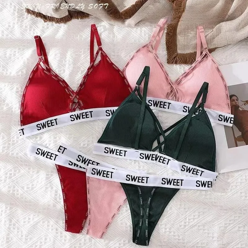 Women Padded Bra And Panties Set Front Cross Wireless Bra Low Rise G-string Female Letter Strap Underwear Sexy Lingerie Set — image 6