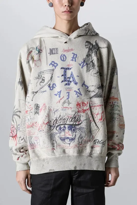 24FW SAINT Vintage Angel Printed Distressed Women Men Hooded Sweatshirt Hoodies Oversized Men Casual Cotton Pullover Hoodie