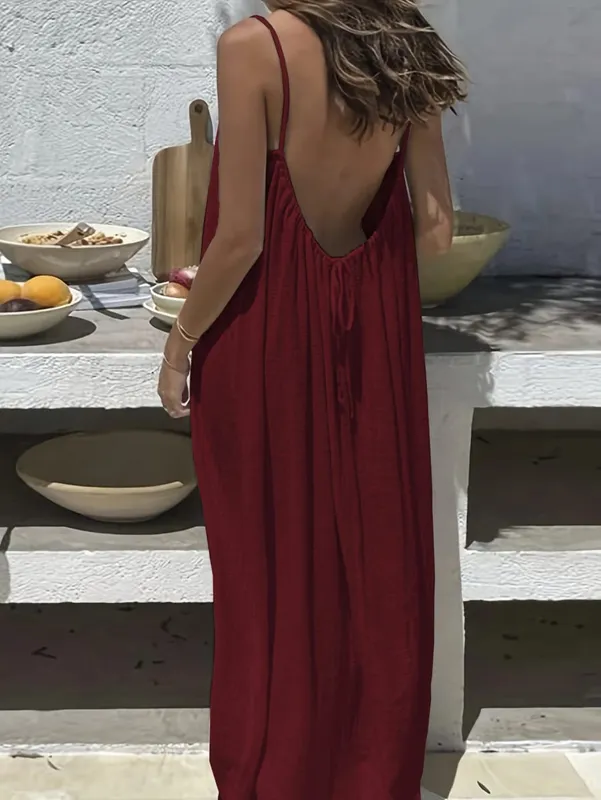 Women's Solid Color Backless Cami Dress Strappy Lounge Dress Open Back Maxi Length with Relaxed Fit Comfortable Home Wear​