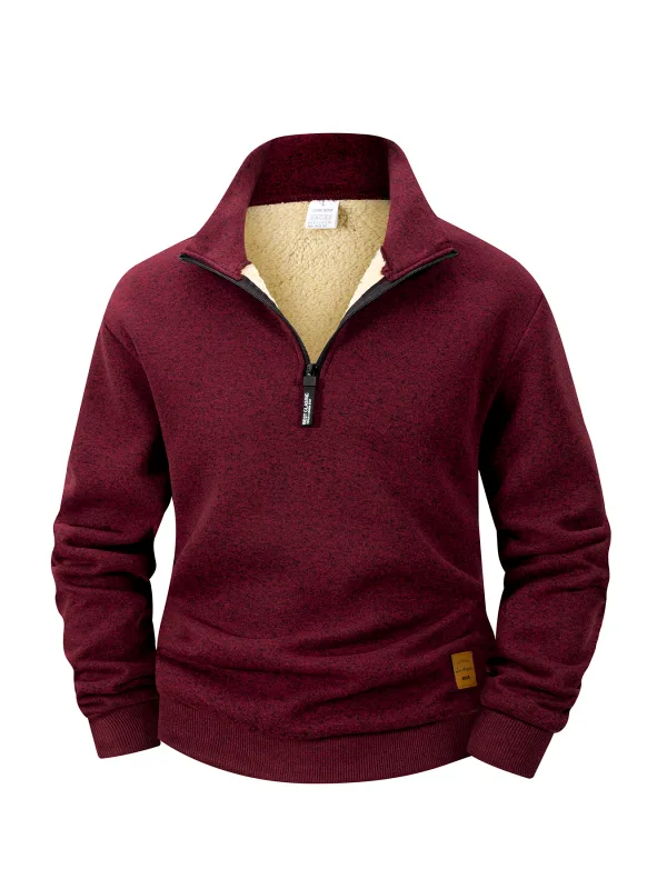 Men Fleece Lined Sweatshirts Winter Warm Pullover Half Zipper Pullover for Male Hoody Outdoor Sweatshit Solid Color Stand Collar