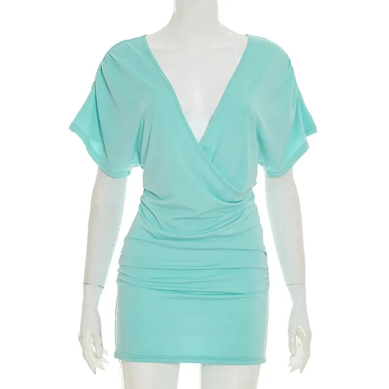 Deep V-neck Ruched Mini Dress Women Backless Short Sleeve High Wasit Dresses Spring Bodycon Elegant Party Club Dress — image 3