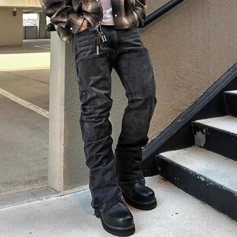 Bootcut Jeans Denim Pant Men Vintage Washed Distressed Mid Waist Slim Fit Trousers Y2k Streetwear Work Casual Splice Summer 2026