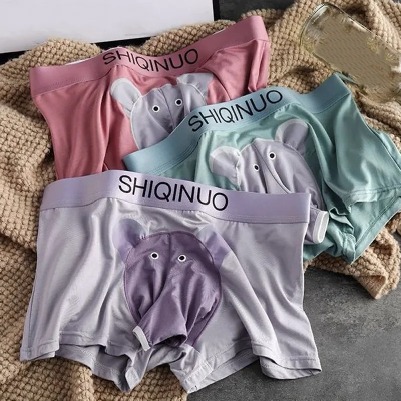 Herren-Boxershorts mit süßem Elefantenmuster, elastisch, mit Buchstaben-Taille, 3D-Beutel, weich, atmungsaktiv, für den täglichen Schlaf, zu Hause, lässig, bequem, Unterwäsche
