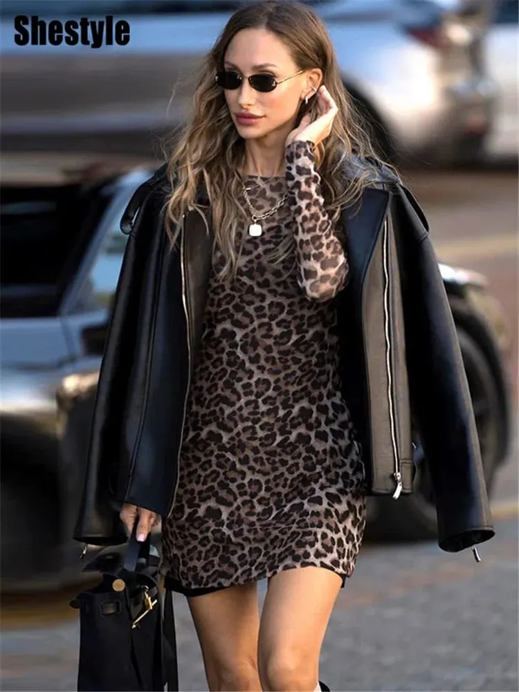 Shestyle Leopardo Sexy Abito a trapezio Donna Set a due pezzi Maglia trasparente Moda estremamente calda High Street Animal Print Elegante — image 5