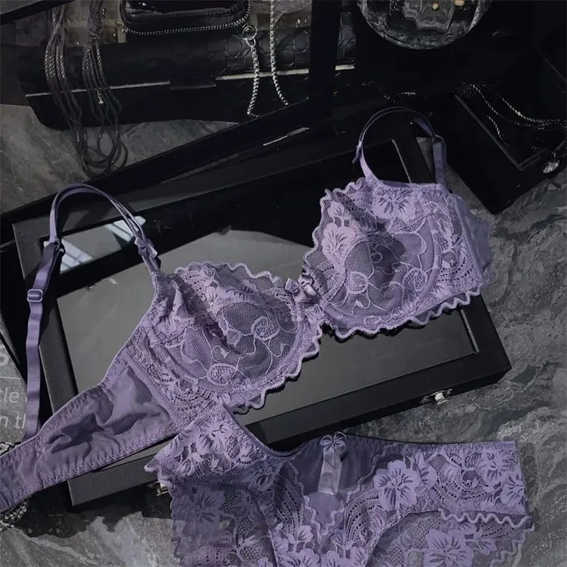French Ultra-thin Lace Lingerie Set for Large Breasts Sexy See-through Underwire small Bust Lift Anti-sag Soft Comfy Daily Set