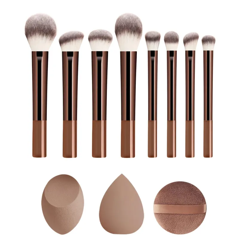 8Pcs Brown Coffee Makeup Brush Set Powder Blush Foundation Eyeshadow Brushes With Triangle Puff — image 9