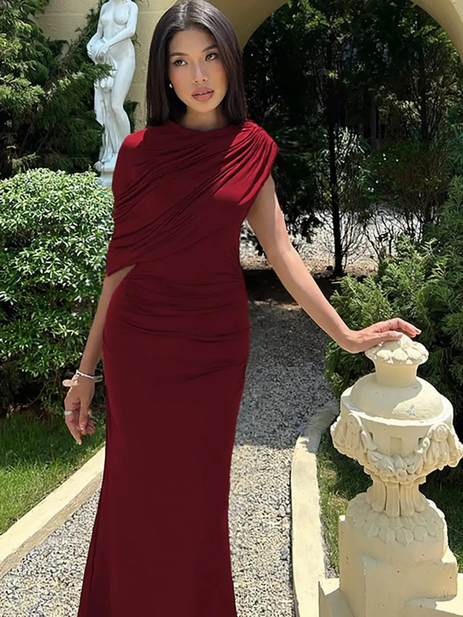 Hugcitar Women Fashion Turleneck Solid Short Sleeve Irregular Sexy Ruched Maxi Prom Dress Summer Clothes Evening Party Birthday — image 5