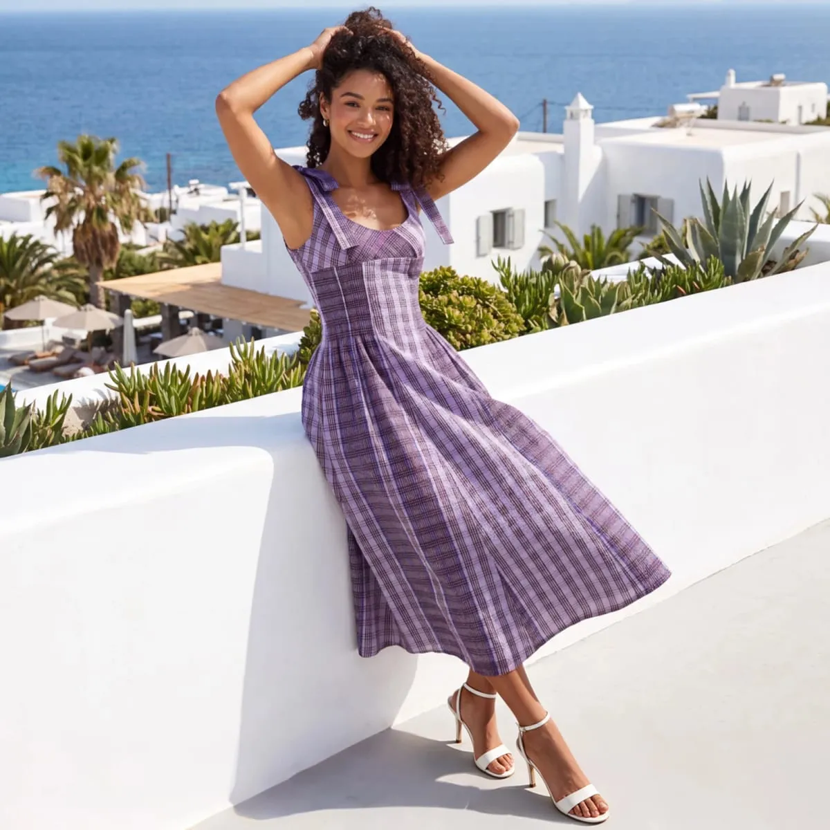 Women Summer Sleeveless Dress Striped Print Tie up Strap Backless A-Line Dresses with Pockets for Beach Vacation Party