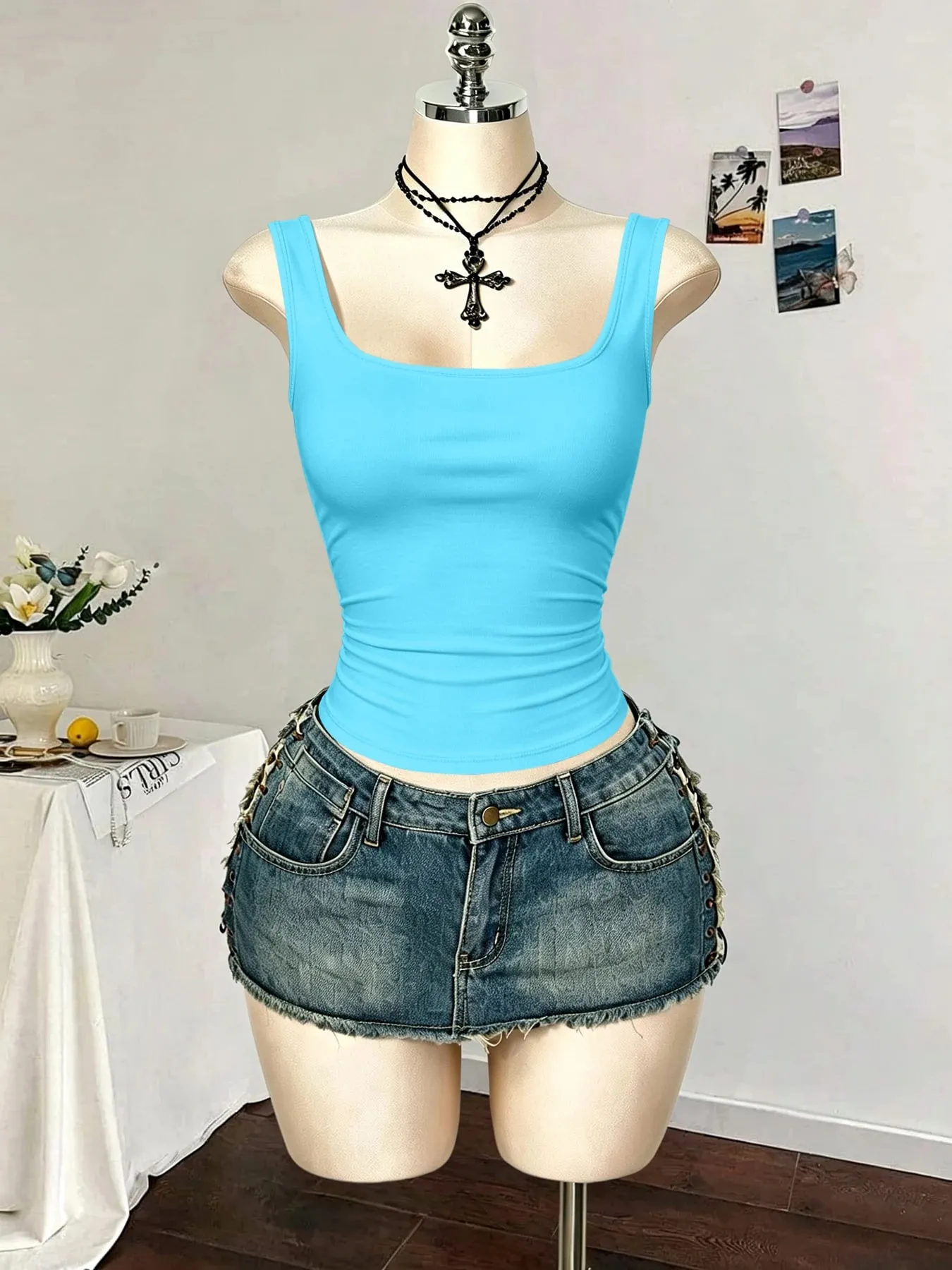 Women Square Neck Wide Strap Ribbed Tank Top Sleeveless Fitted Slim Casual Cami Top