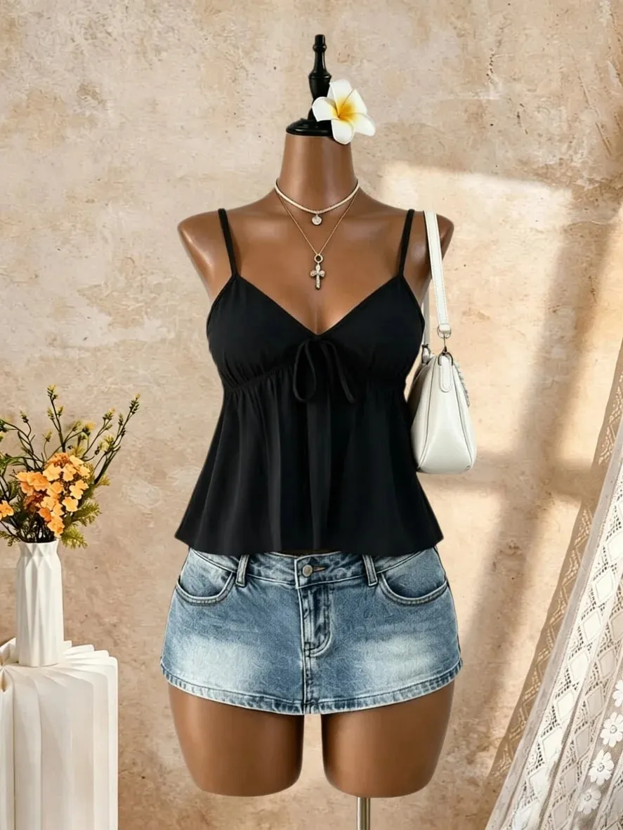 Women V Neck Spaghetti Strap Front Tie Ruched Waist Flared Peplum Cami Top 2026 Summer Y2K Solid Black Casual Beach Vacation Loo