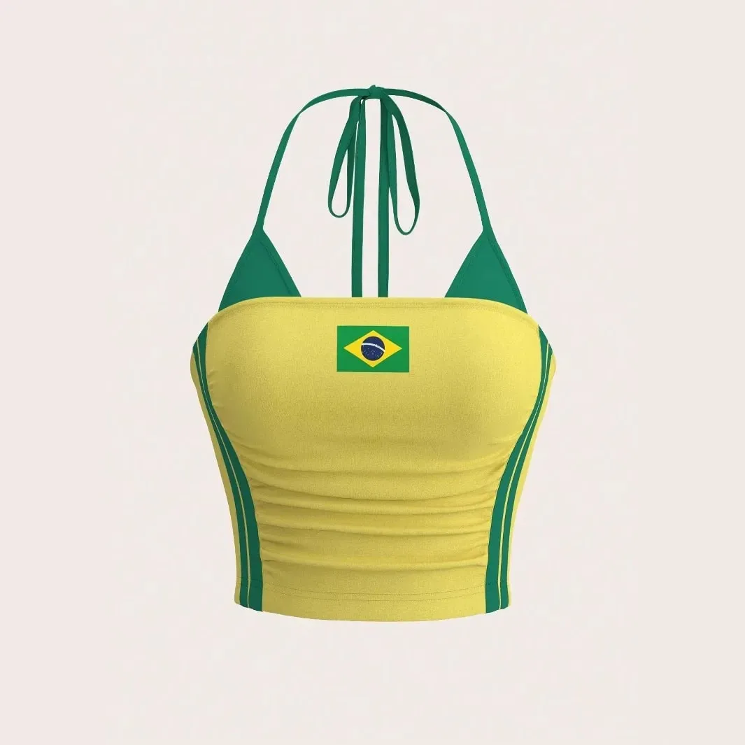 Women Brazil Flag Print Halter Crop Top Color Block Stripe Sleeveless Slim Y2K Summer Streetwear Going Out Sports Cami Tank Top
