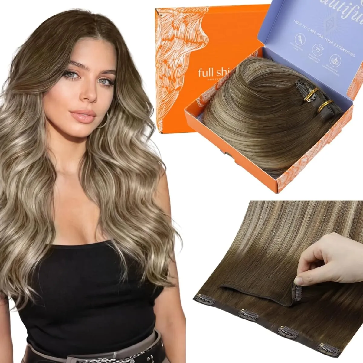 Full Shine 7 Pcs Genius Weft Clip In Hair Extensions Human Hair Seamless Invisible PU Weft Clip Ins For Women — image 10