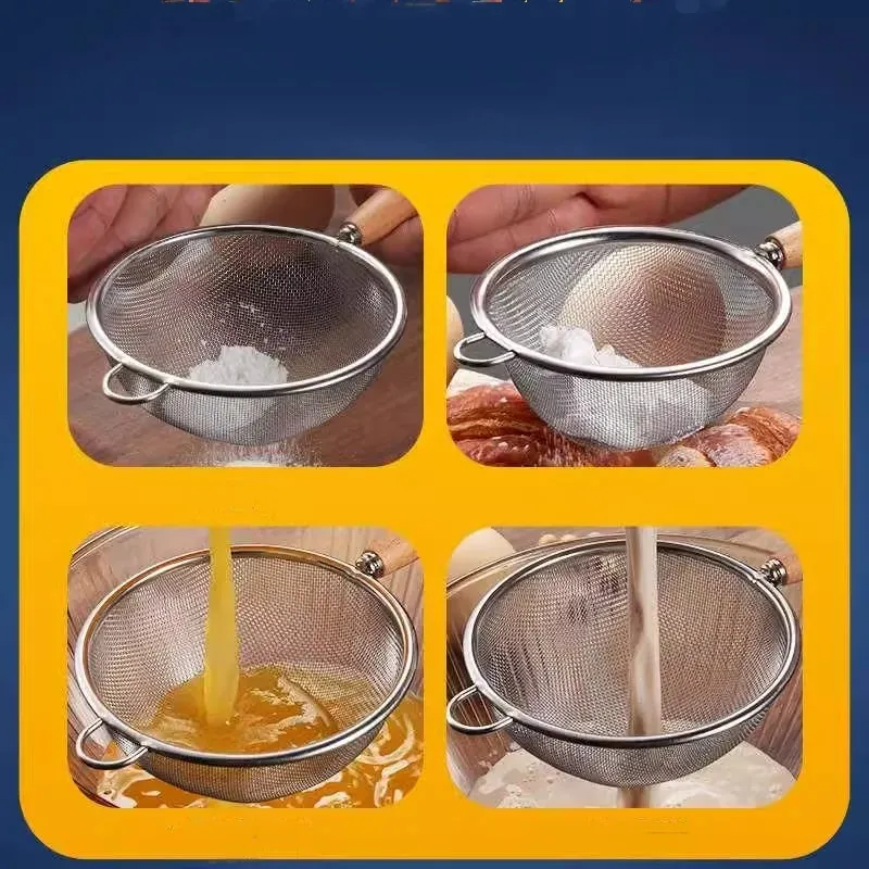 1-3pcs Wooden Handle Flour Sifter And Strainer Fine Mesh Stainless Steel for Home Baking Cooking Juice And Powder Filtering