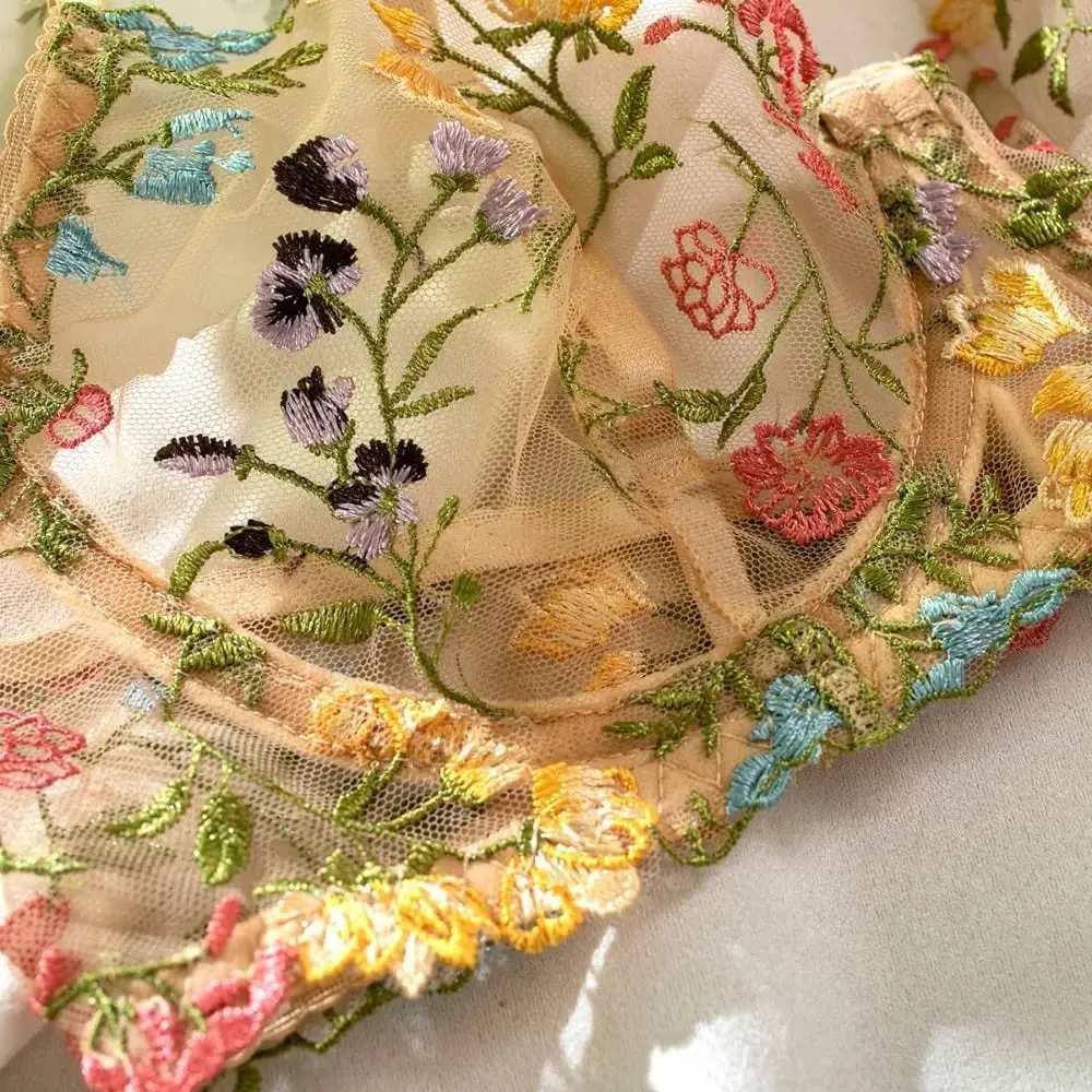2 Parça Çok Yönlü Çiçek İç Giyim Seti Nakış Şeffaf Boho Sütyen Külot Takımı Intimates
