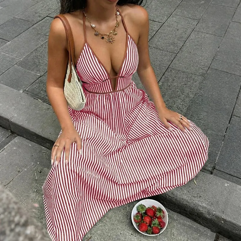 2026 Summer New Style Deep V-neck Striped Beach Dress Sexy Backless Sleeveless Neckline Long Dress — image 6