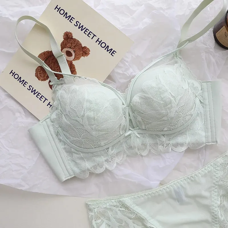 Thin Cup Full Lace Lingerie Set 32-38 AB French Wireless Bra Lift Anti Sag Push Up Design for Small Bust Sensual Ladies