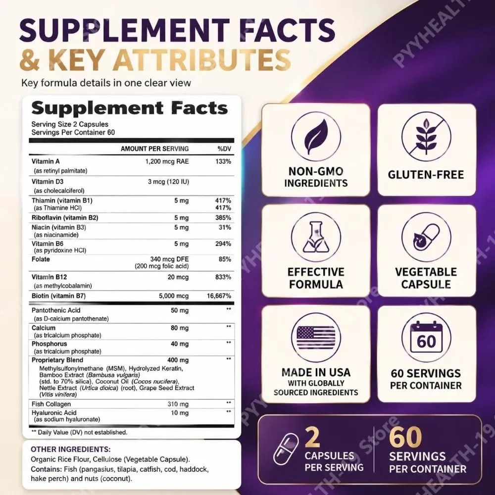 Biotin Collagen & Keratin Capsules with Hyaluronic Acid & B-Vitamins for Hair Skin & Nails Nourishment Support Adults 60 Caps — image 2