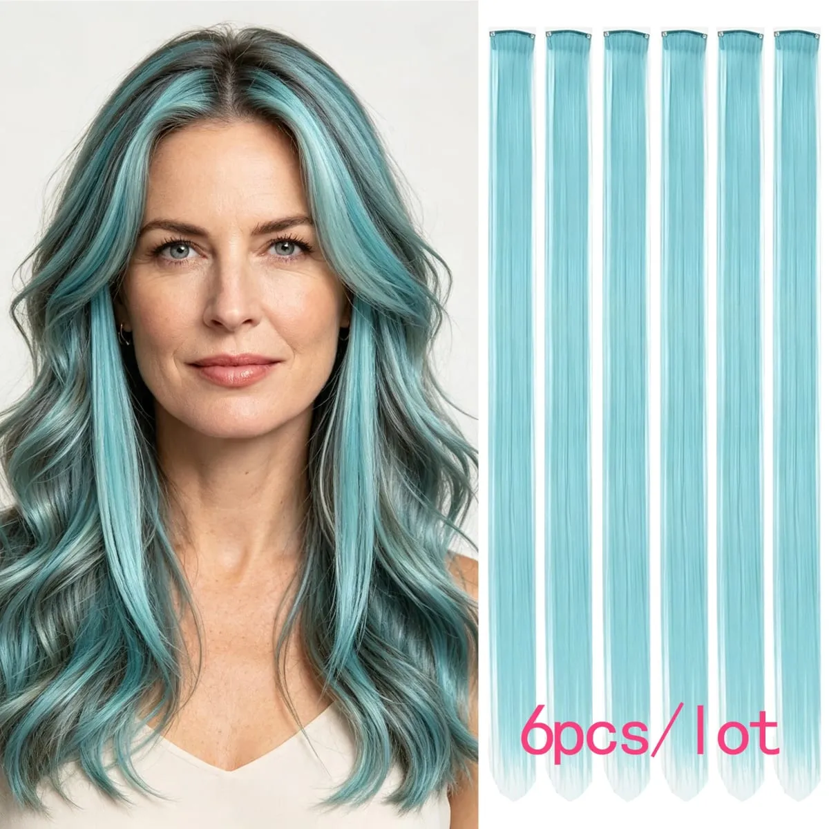6 Pcs Synthetic Light Blue Clip In Hair Extensions Bright Cyan Synthetic Clip In Hair Extensions Straight Color Highlight Hair