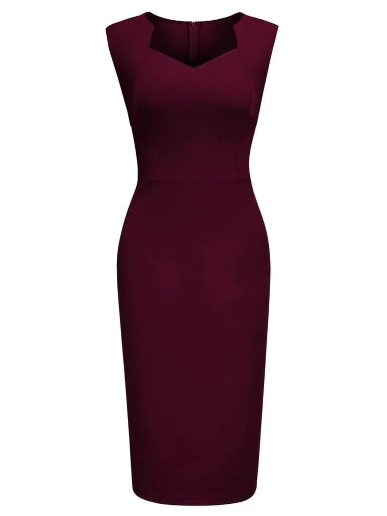 ผู้หญิง Elegant Square คอแขนกุด Vintage Slim Work Office ค็อกเทลปาร์ตี้ธุรกิจ Casual Sheath Bodycon ชุดดินสอ