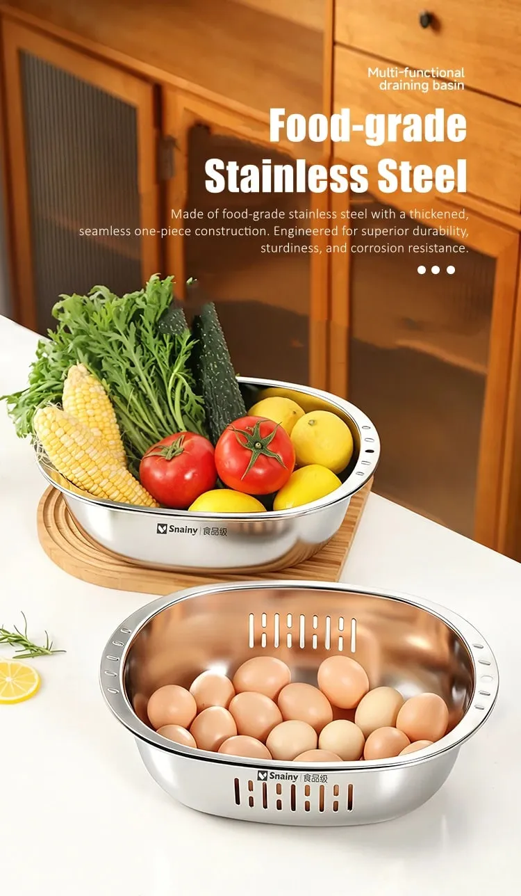 Ultrasonic Polishing Stainless Steel 2 in 1 Bowl and Colander Set Kitchen Fruit and Vegetable Efficient Washing Draing Gadgets — image 9