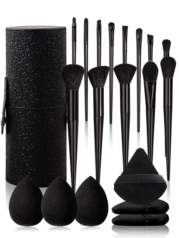 Set Alat Solek 20 Keping Hitam: 13 Berus Mekap +3 Keping Telur Kecantikan +3 Keping Puff Serbuk +1 Keping Baldi Penyimpanan