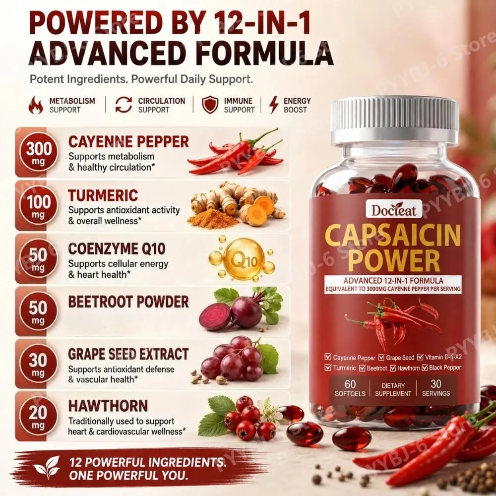 Capsaicin Power 12-in-1 Cayenne Pepper Supplement 60 Softgels Turmeric Beetroot Grape Seed Black Pepper Daily Metabolism Support